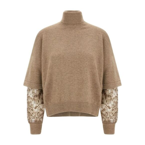 BRUNELLO CUCINELLI Sweaters - BRUNELLO CUCINELLI Women's Turtleneck Sweater with Embellished Sleeves Women